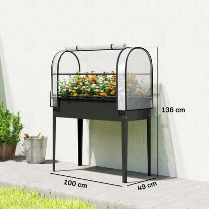 Raised Planter with Flip-Up Greenhouse Cover, Metal Raised Garden Bed on Legs with Drainage Hole and Gloves, Outdoor Elevated Garden Planter for Vegetables, Herbs, Flowers, Black