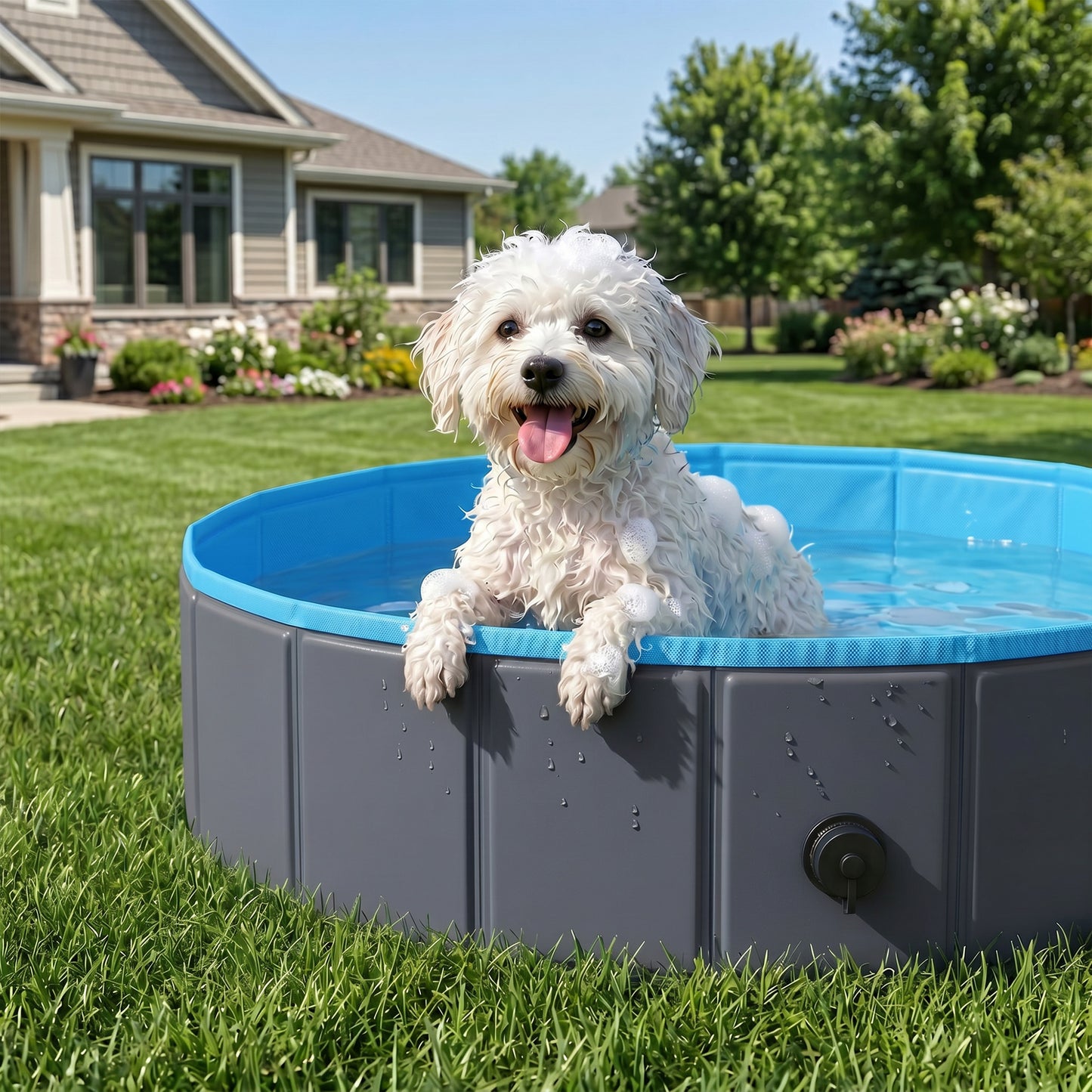 Foldable Dog Pool for Puppies and Ducks, Thickened PVC Dog Paddling Pool Bath Tub Hard Board, Anti-Slip Bottom and Hose Adapter for Easy Drainage, 80 x 20cm, Blue and Dark Grey