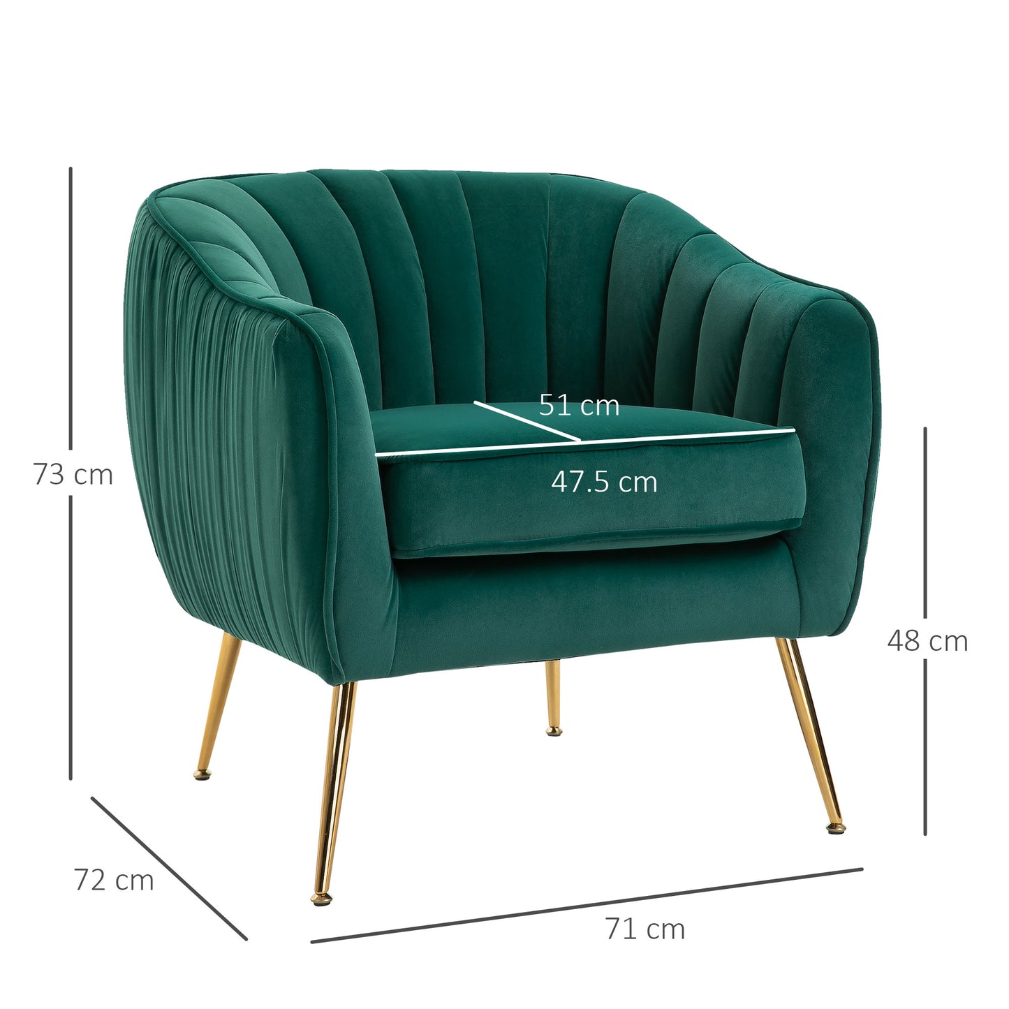 Velvet-Feel Tub Armchair, with Gold Tone Legs - Green