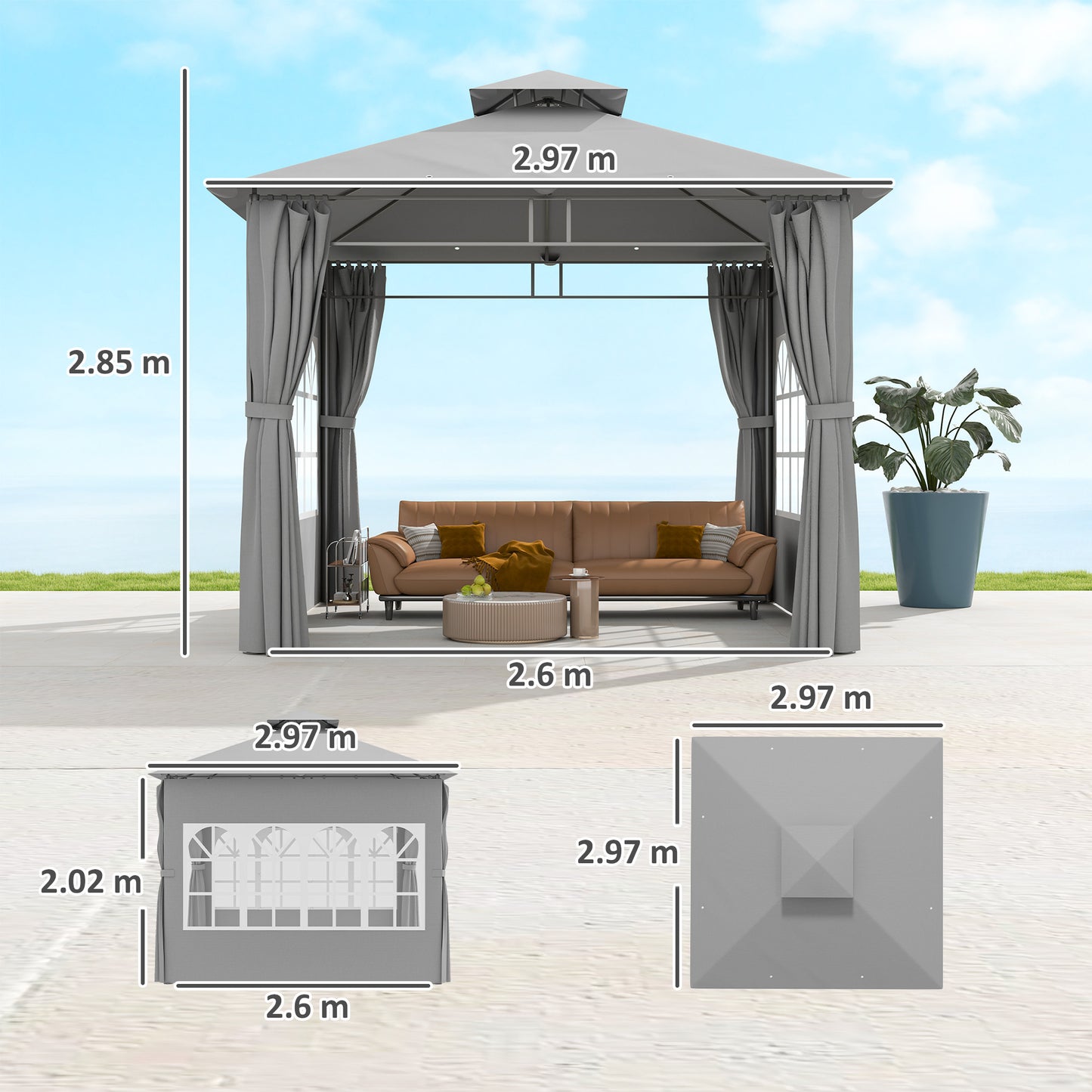 3 x 3 m Garden Gazebo, Outdoor Gazebo Canopy Shelter, Light Grey