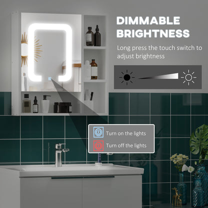 kleankin LED Illuminated Bathroom Mirror Cabinet, Wall-mounted Storage Organizer with Four Open Shelves, Dimmable Touch Switch, White