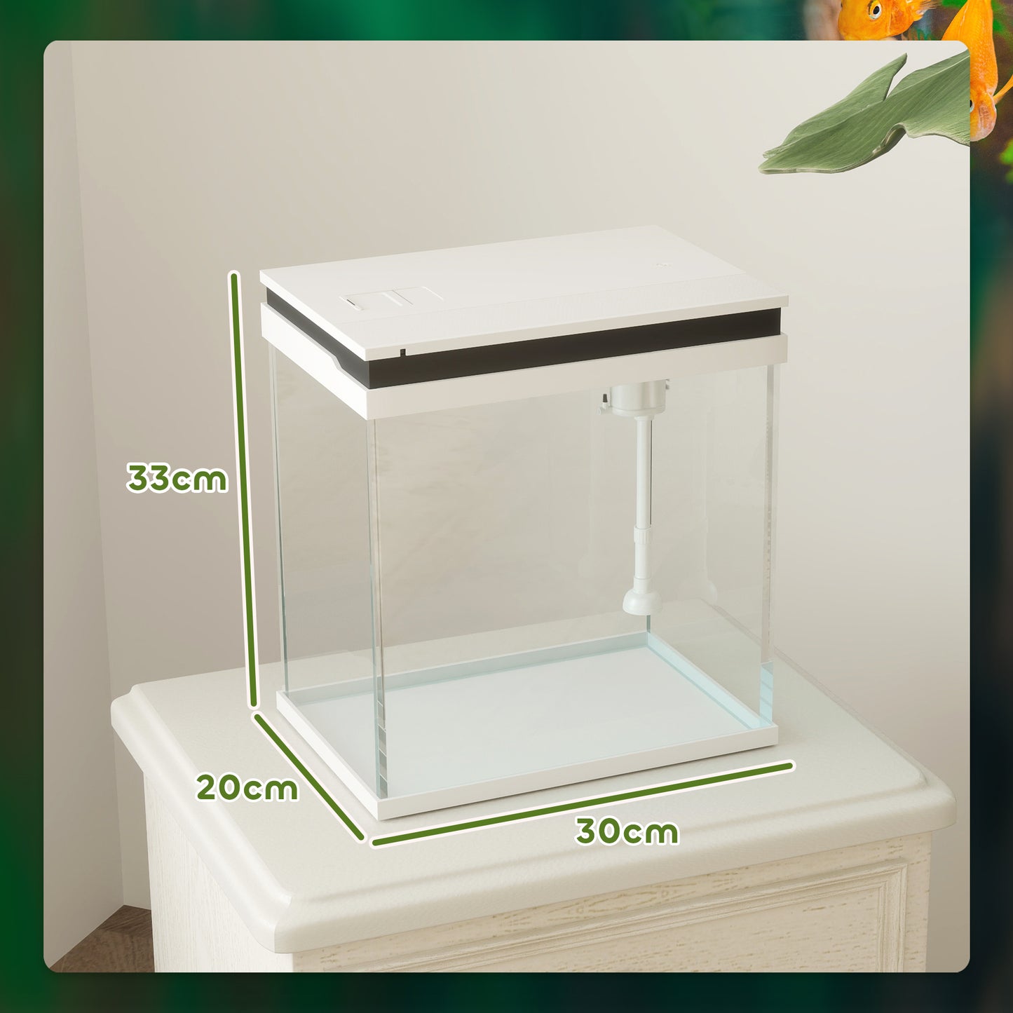 Fish Tank, 14L Glass Aquarium with Filter System, LED Lights, Water Pump, Small Fish Tank for Betta Fish, Goldfish, Shrimps, White