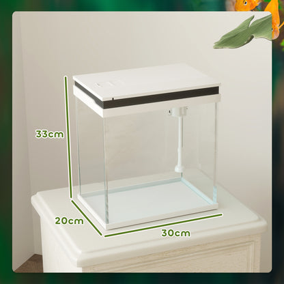 Fish Tank, 14L Glass Aquarium with Filter System, LED Lights, Water Pump, Small Fish Tank for Betta Fish, Goldfish, Shrimps, White