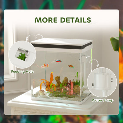 Fish Tank, 14L Glass Aquarium with Filter System, LED Lights, Water Pump, Small Fish Tank for Betta Fish, Goldfish, Shrimps, White