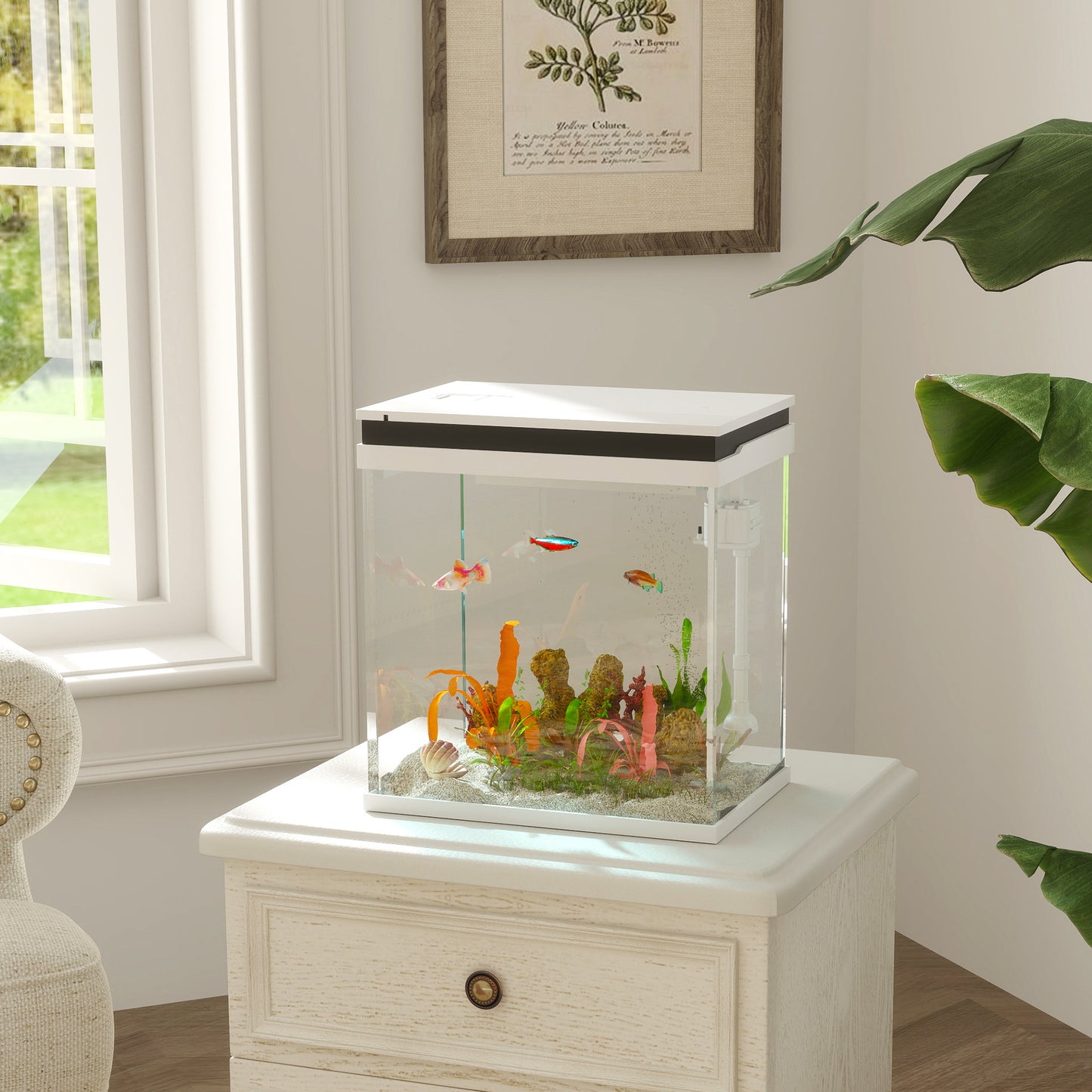 Fish Tank, 14L Glass Aquarium with Filter System, LED Lights, Water Pump, Small Fish Tank for Betta Fish, Goldfish, Shrimps, White