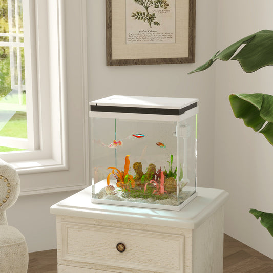 Fish Tank, 14L Glass Aquarium with Filter System, LED Lights, Water Pump, Small Fish Tank for Betta Fish, Goldfish, Shrimps, White