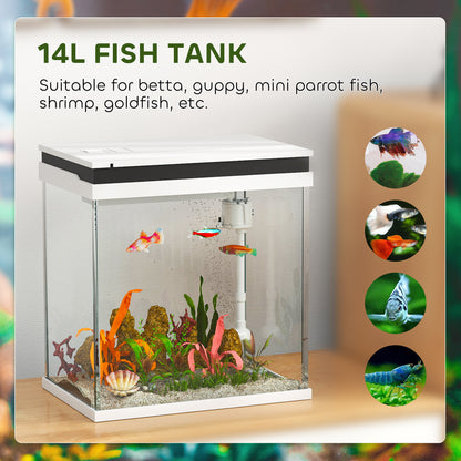 Fish Tank, 14L Glass Aquarium with Filter System, LED Lights, Water Pump, Small Fish Tank for Betta Fish, Goldfish, Shrimps, White