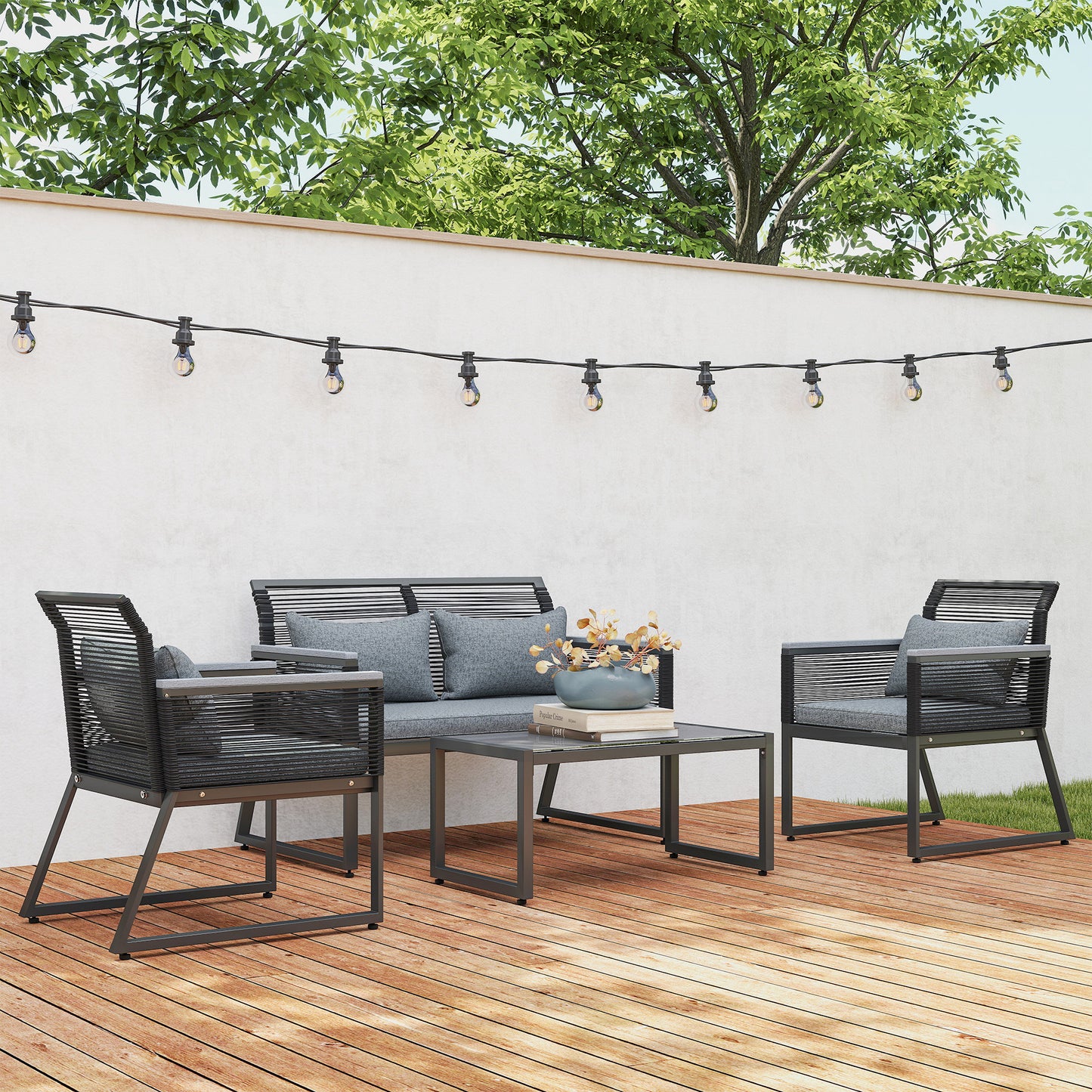 4 Pieces Rattan Garden Furniture Set for 4 Person, Charcoal Grey