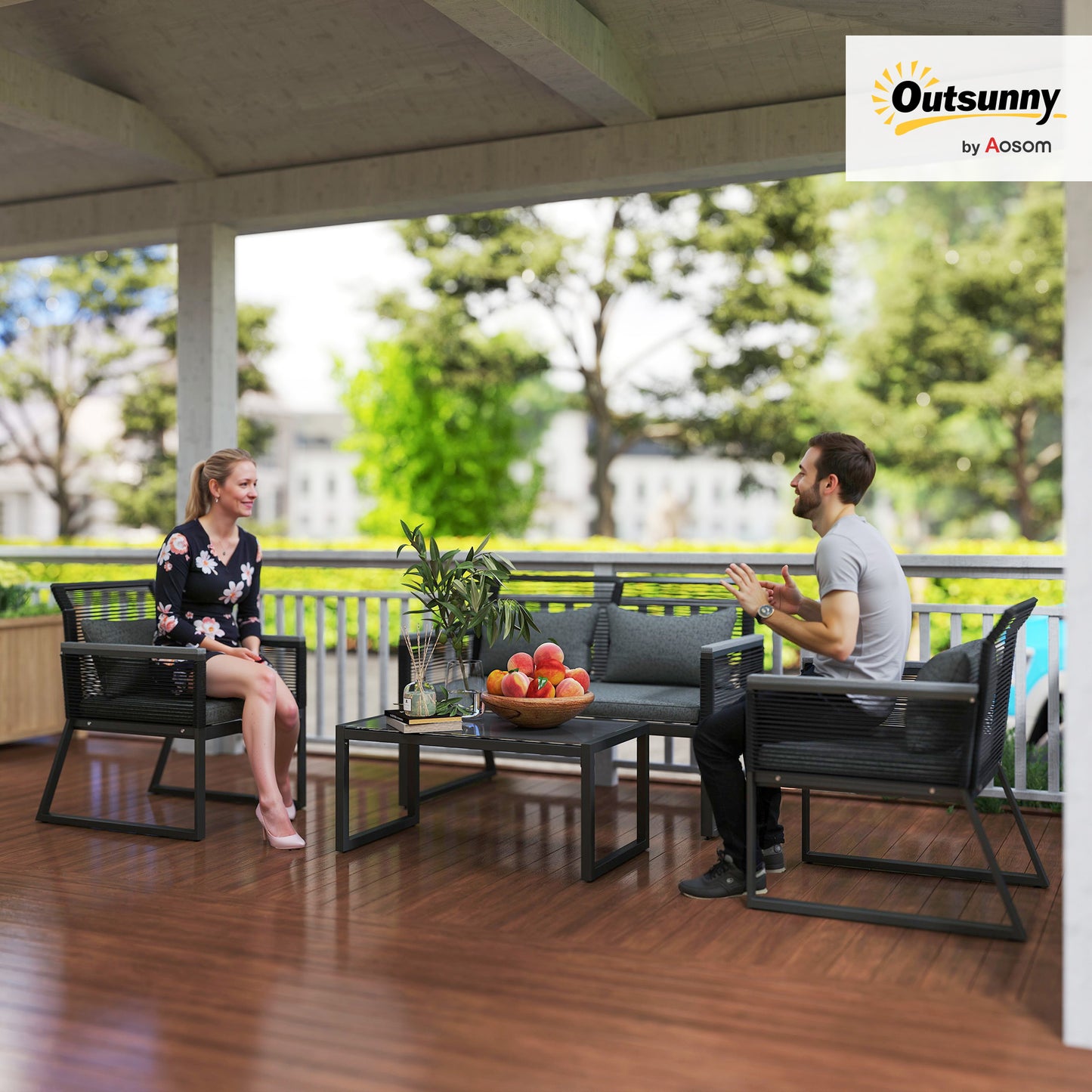 4 Pieces Rattan Garden Furniture Set for 4 Person, Charcoal Grey