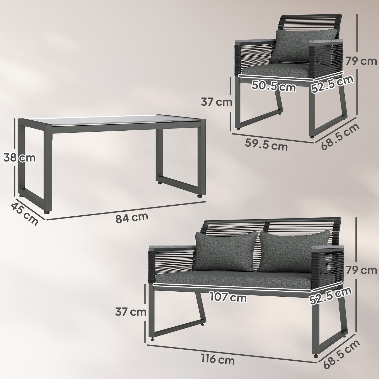 4 Pieces Rattan Garden Furniture Set for 4 Person, Charcoal Grey