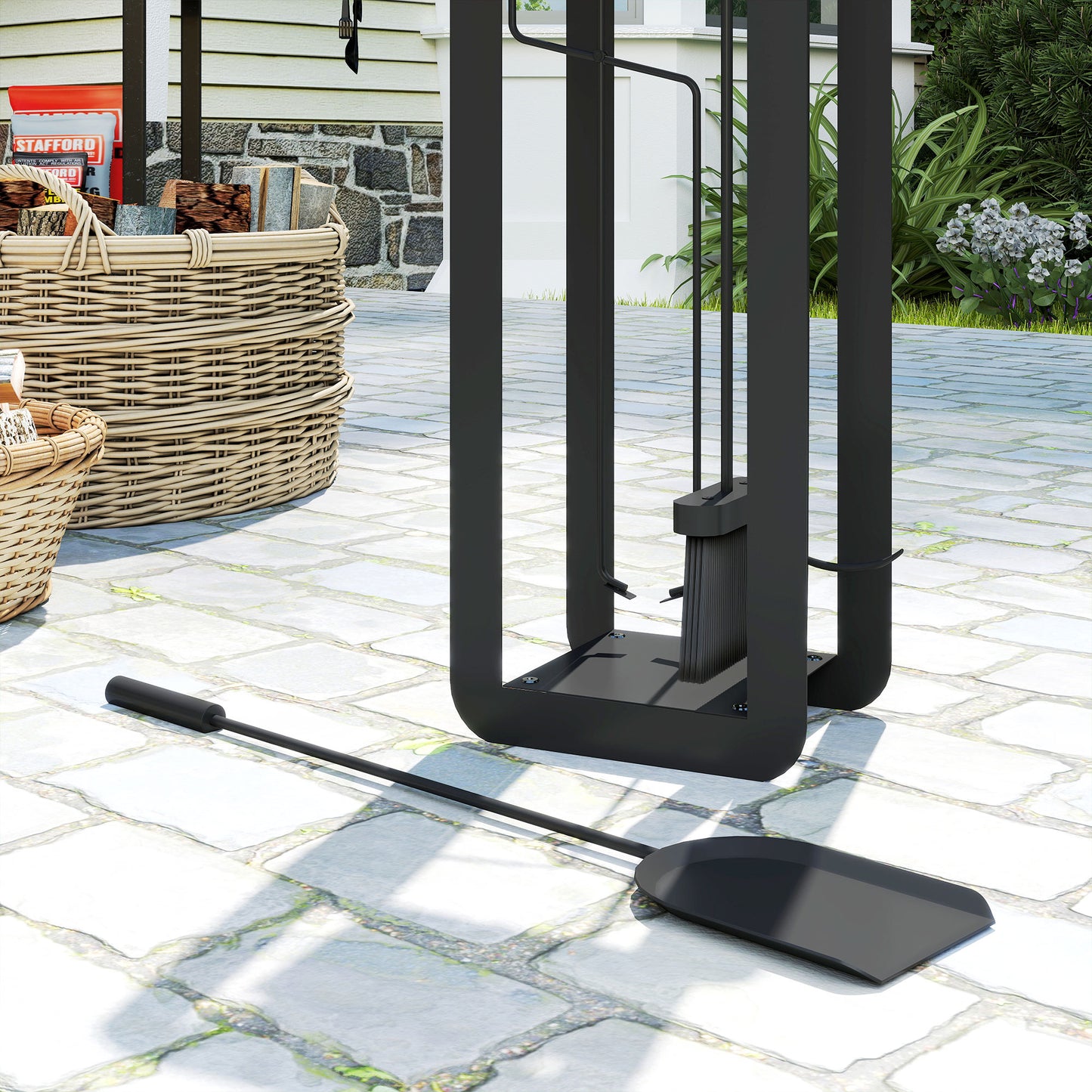 5 Pieces Fireplace Companion Set, Metal Fireplace Accessories Fireside Companion Set with Brush, Shovel, Poker, A Pair of Tongs, Stand, Black