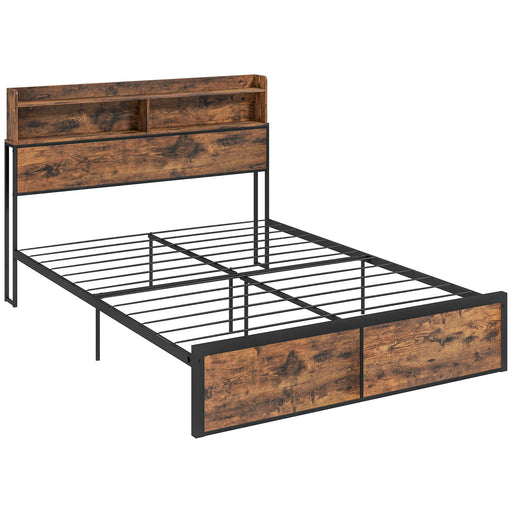 Industrial King Bed Frame, 5.2FT Steel Bed Base w/ Storage Headboard, Footboard, Under Bed Storage, 158 x 222cm, Rustic Brown