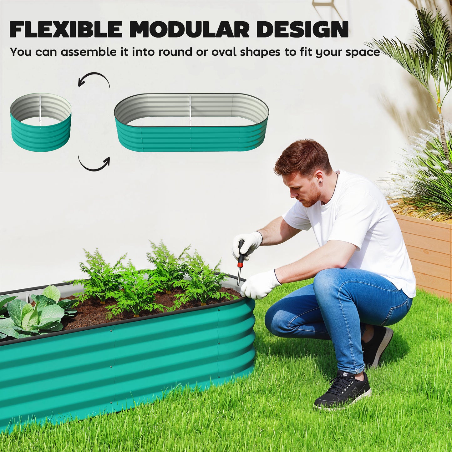 Set of 2 Raised Beds for Garden with Metal Plant Stakes, Green
