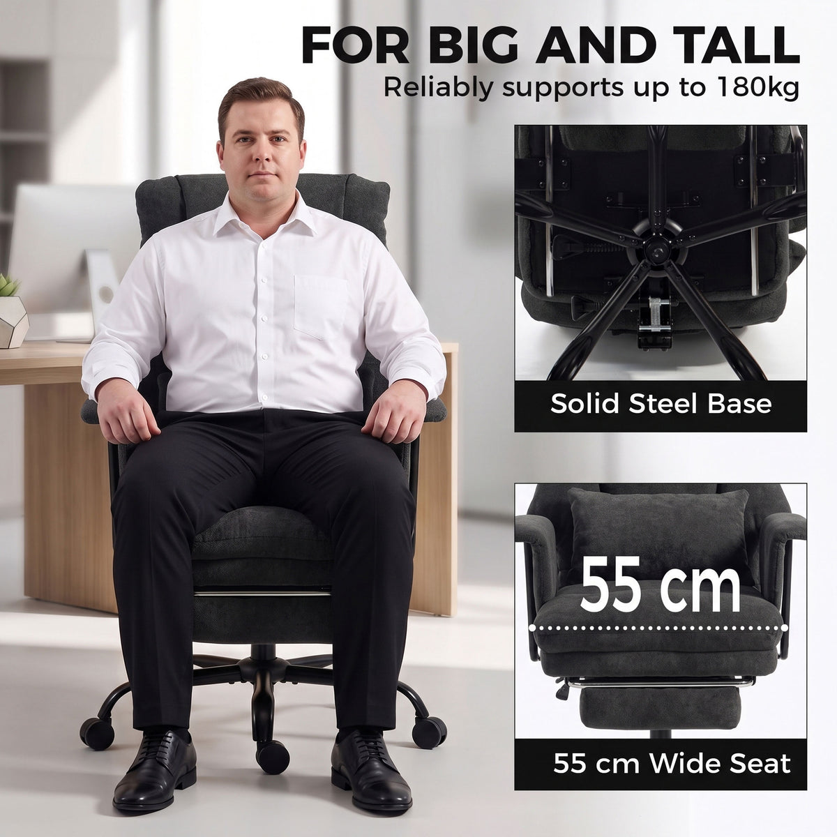 180kg Office Chair, Desk Chair with Lumbar Support, Black