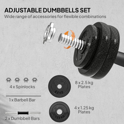 2-in-1 Adjustable Dumbbells Set, 30kg Weights Dumbbells Set