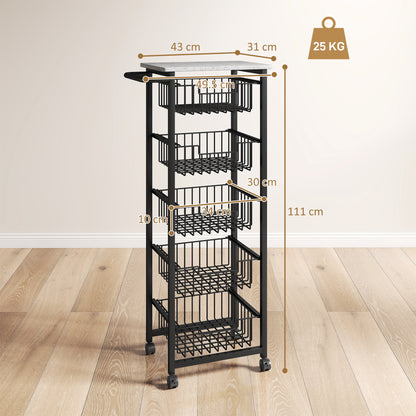5-Tier Kitchen Island on Wheels with 5 Pull-Out Baskets, Light Grey