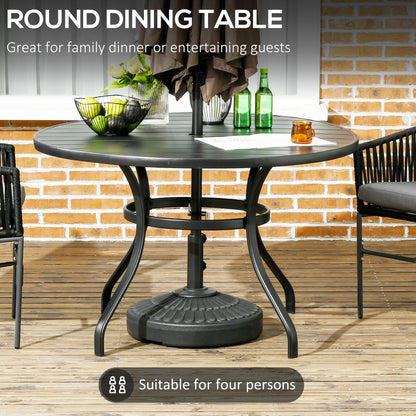 Garden Table with Parasol Hole, Outdoor Dining Garden Table for Four Persons, Round Patio Table with Slatted Metal Top, Black