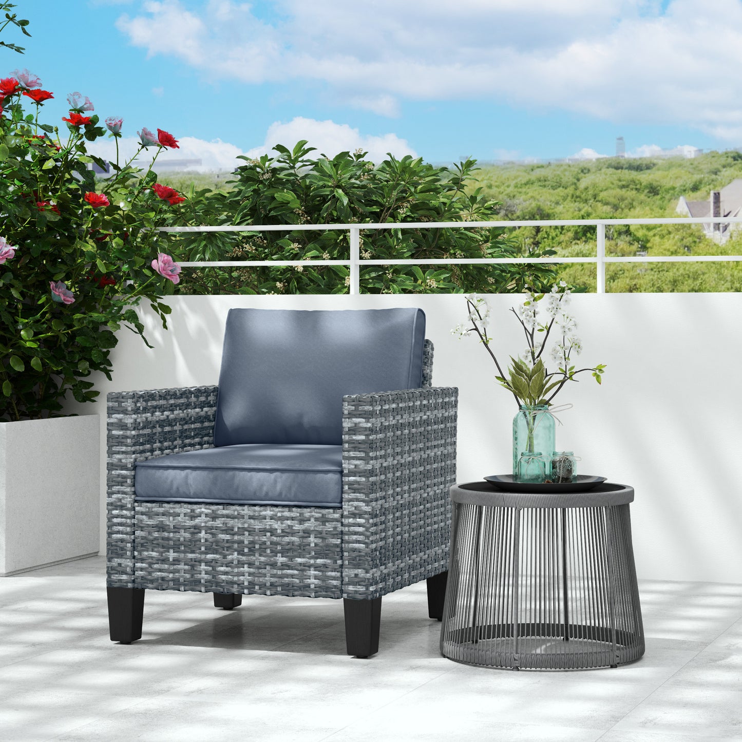 Single Rattan Chair, Garden Armchair with Cushions, Light Grey