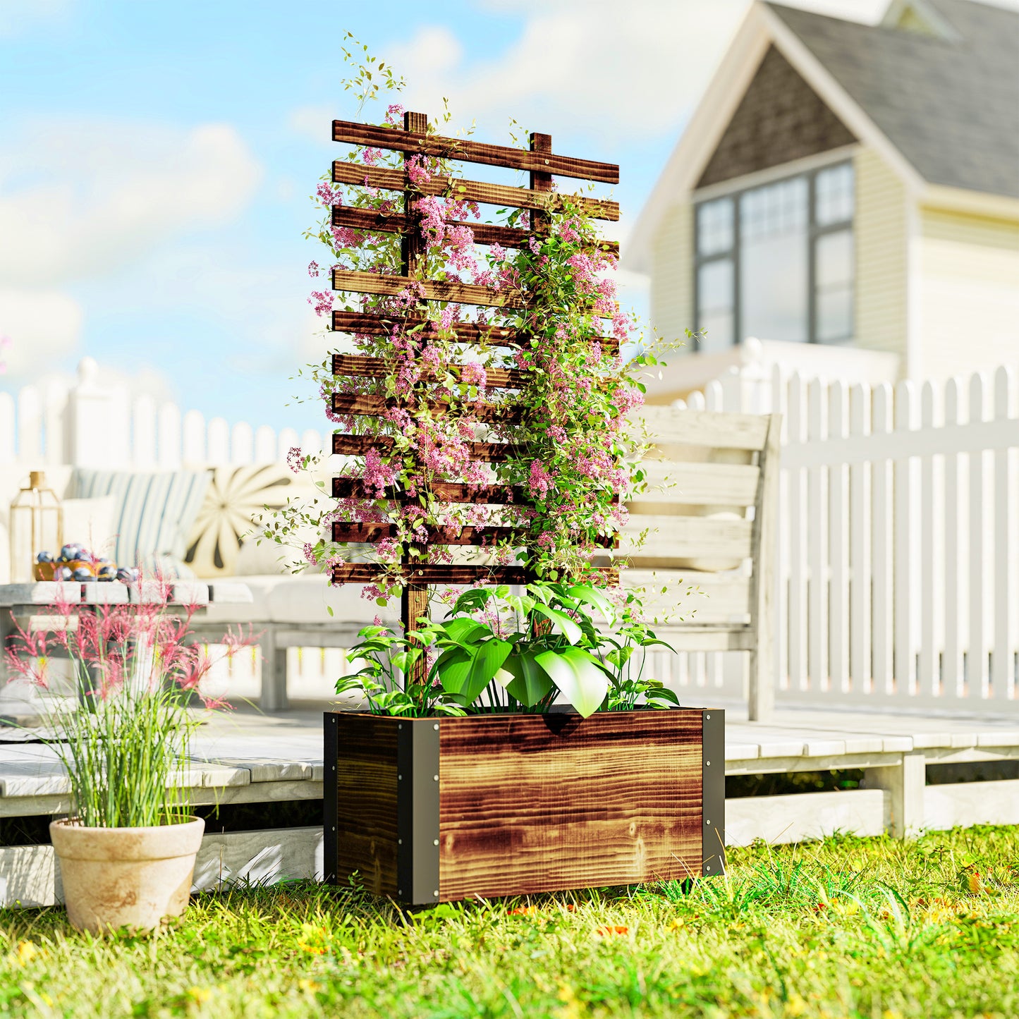 Raised Garden Bed, Wooden Planter with Trellis and Wheels