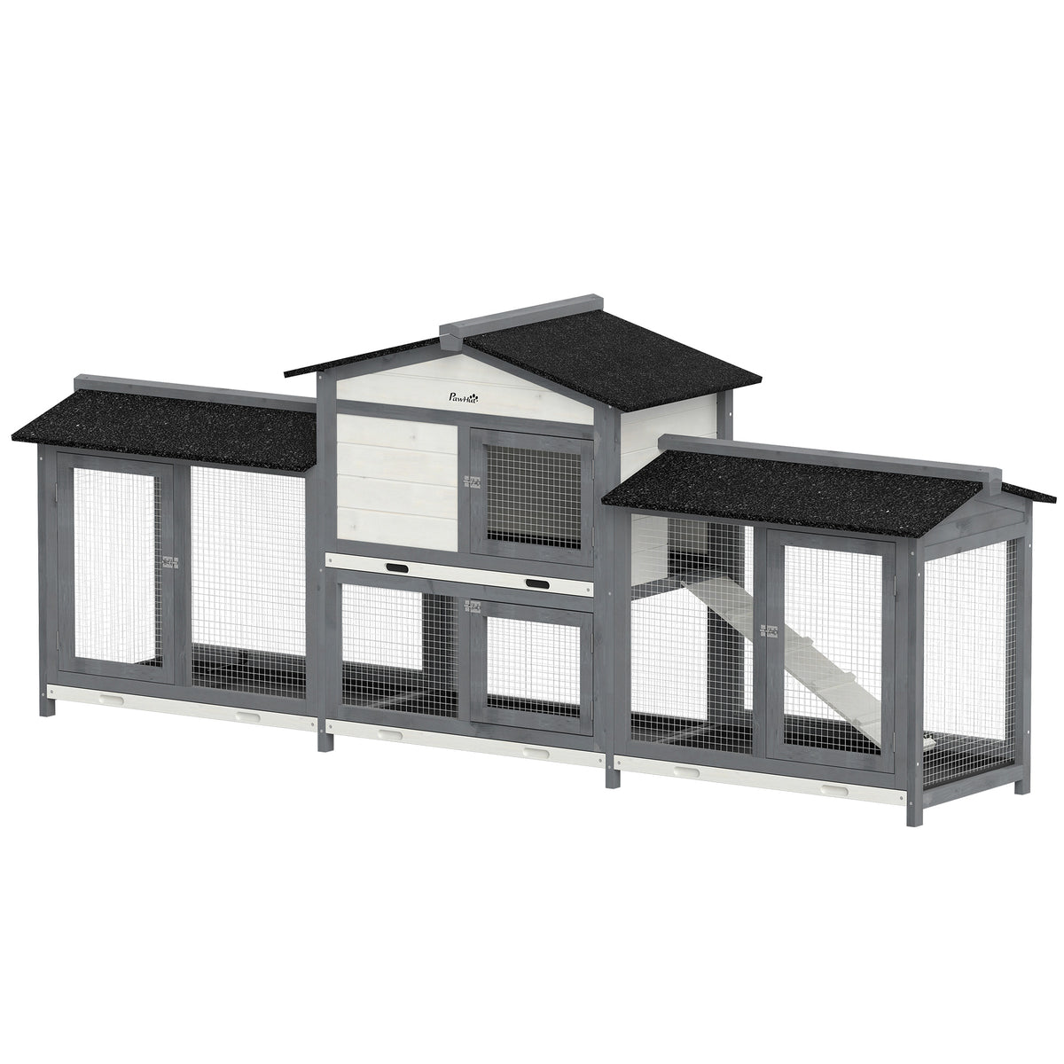 Rabbit Hutch, Guinea Pig Hutch, 2-Tier Bunny House w/ Run, Grey