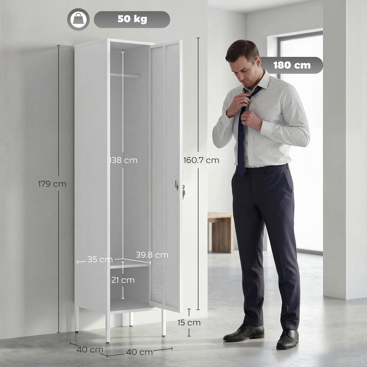 Lockable Steel Storage Locker with Hanging Rail and Shelf - White