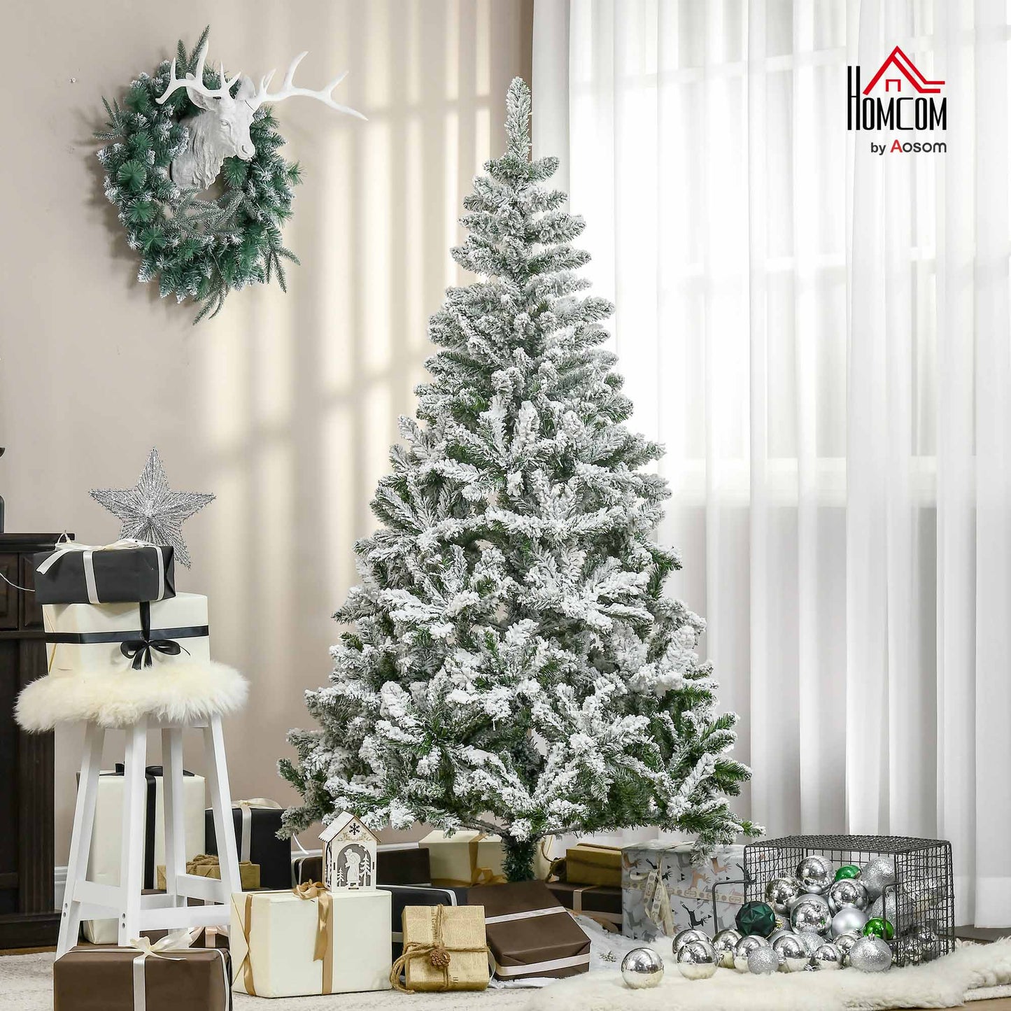 6ft Snow Flocked Artificial Christmas Tree w/ Realistic Branch Tips