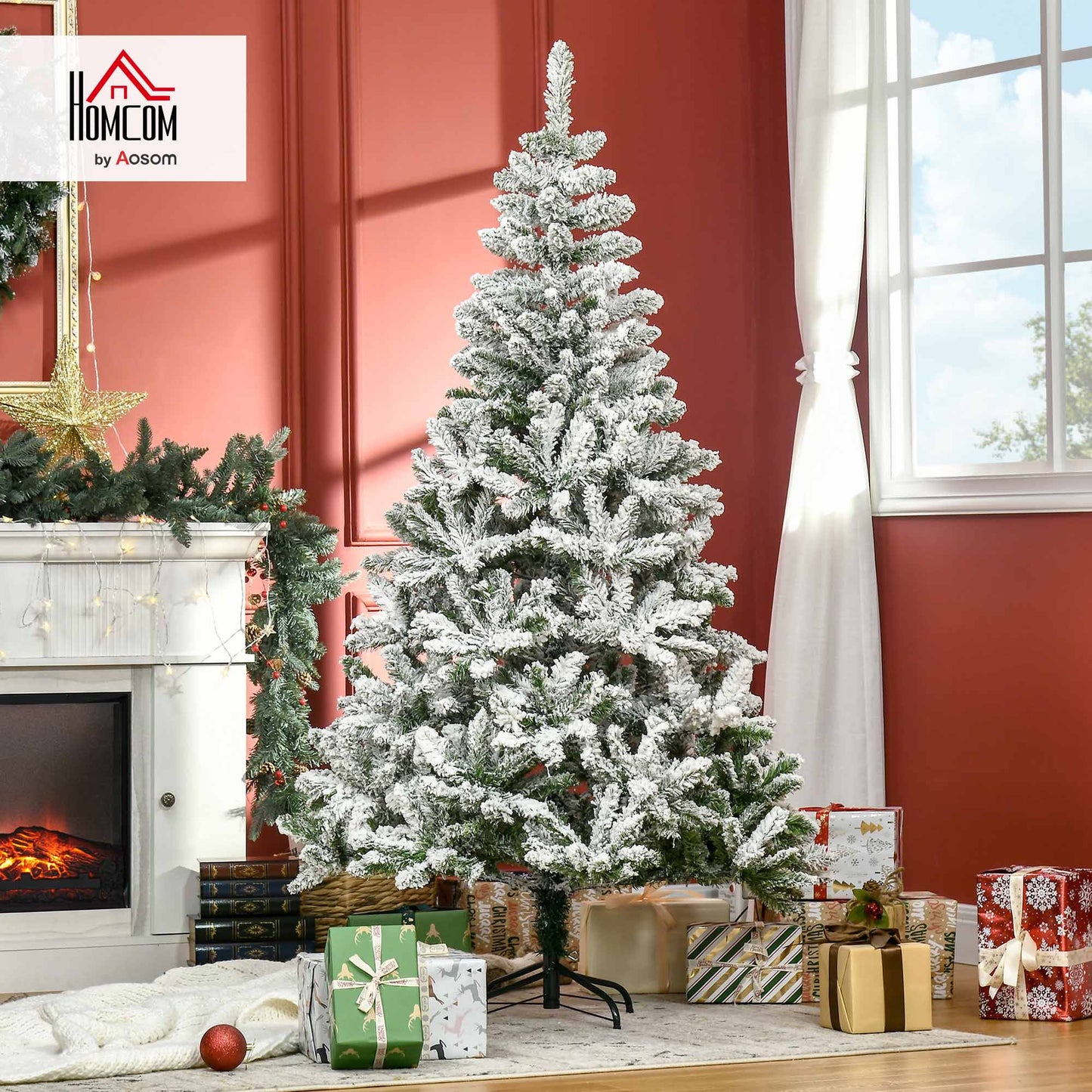6ft Snow Flocked Artificial Christmas Tree w/ Realistic Branch Tips