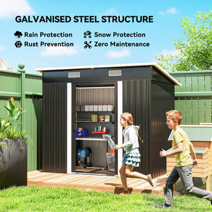 7 x 4ft Outdoor Storage Shed with Foundation Kit, Lean to Metal Garden Shed for Log, Rubbish Bin, Tool, Lawnmower, Bike, Patio Use, Black