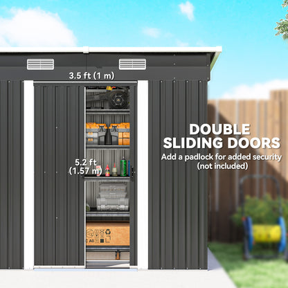 7 x 4ft Outdoor Storage Shed with Foundation Kit, Lean to Metal Garden Shed for Log, Rubbish Bin, Tool, Lawnmower, Bike, Patio Use, Black