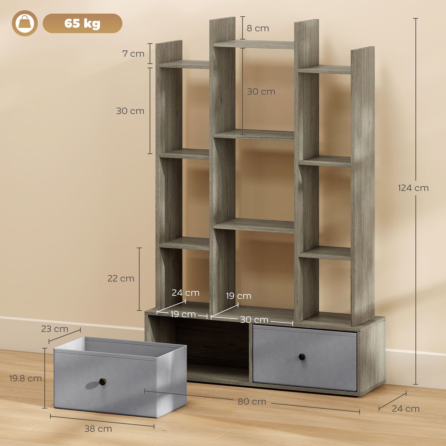 12-Tier Bookshelf, Bookcase w/ 2 Folding Drawer, Graphite Wood Effect