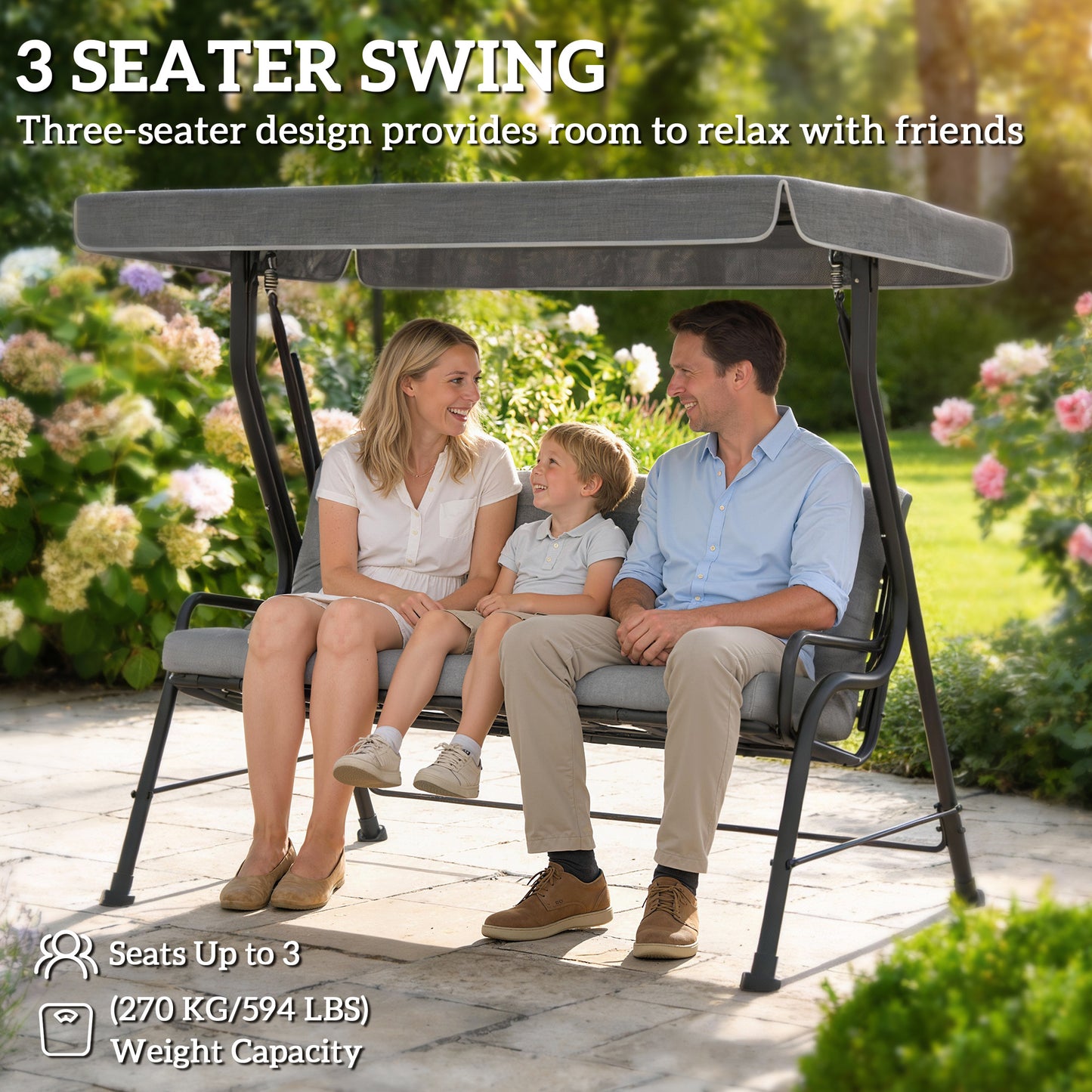 3-Seater Garden Swing Seat, Outdoor Swing Chair with Canopy, Grey