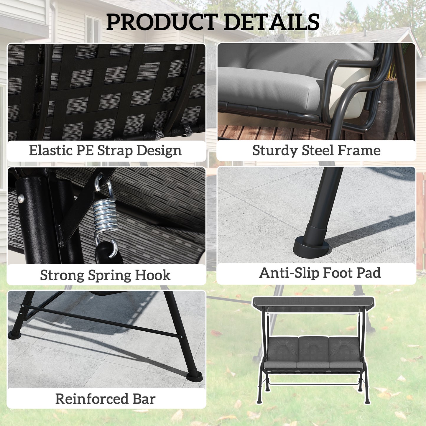 3-Seater Garden Swing Seat, Outdoor Swing Chair with Canopy, Grey