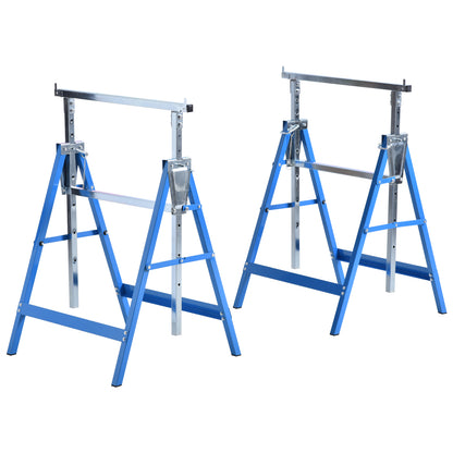Set Of 2 Steel Saw Horses Telescopic Builders Work Bench Folding Blue