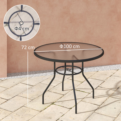 Outdoor Round Dining Table Tempered Glass Top w/ Parasol Hole 100cm