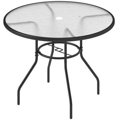Outdoor Round Dining Table Tempered Glass Top w/ Parasol Hole 100cm
