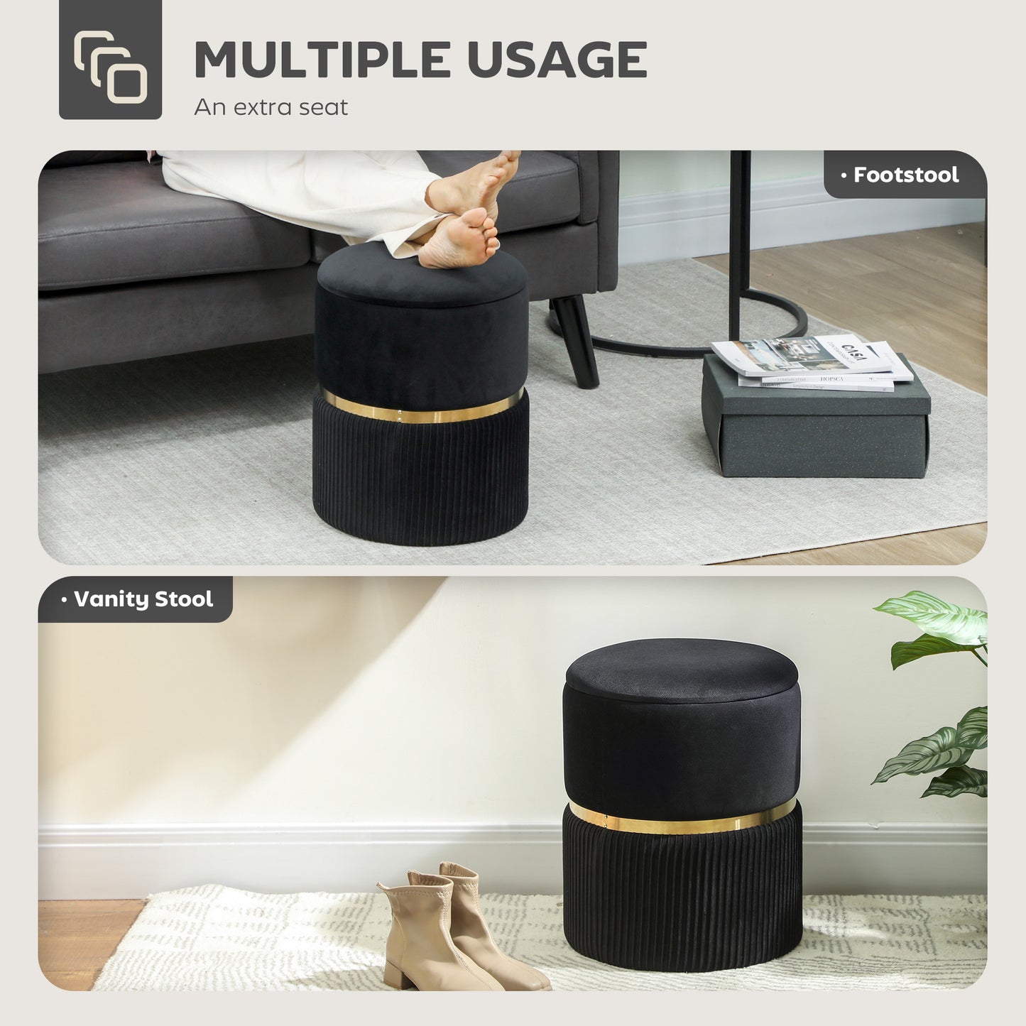 Round Pouffe Storage Footstool with Hidden Space, Black
