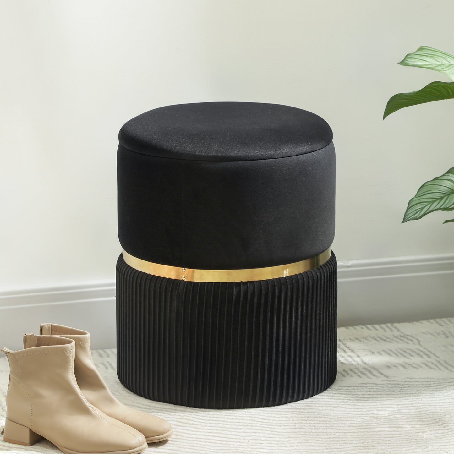 Round Pouffe Storage Footstool with Hidden Space, Black