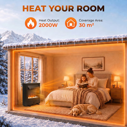 2000W Freestanding or Inset Electric Fire with Pebble Effect - Matt Black