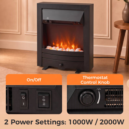 2000W Freestanding or Inset Electric Fire with Pebble Effect - Matt Black