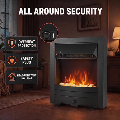 2000W Freestanding or Inset Electric Fire with Pebble Effect - Matt Black
