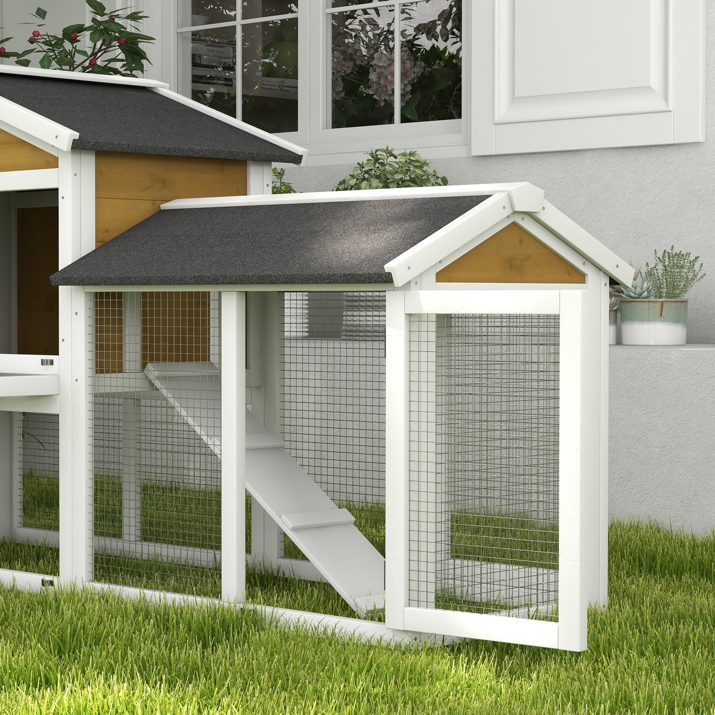 Rabbit Hutch, Guinea Pig Hutch Outdoor Double Tier w/ Ramp, Yellow