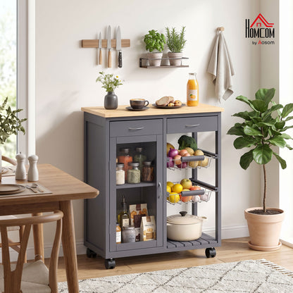 Bamboo Kitchen Island with Glass Door, 2 Metal Wire Baskets, Grey
