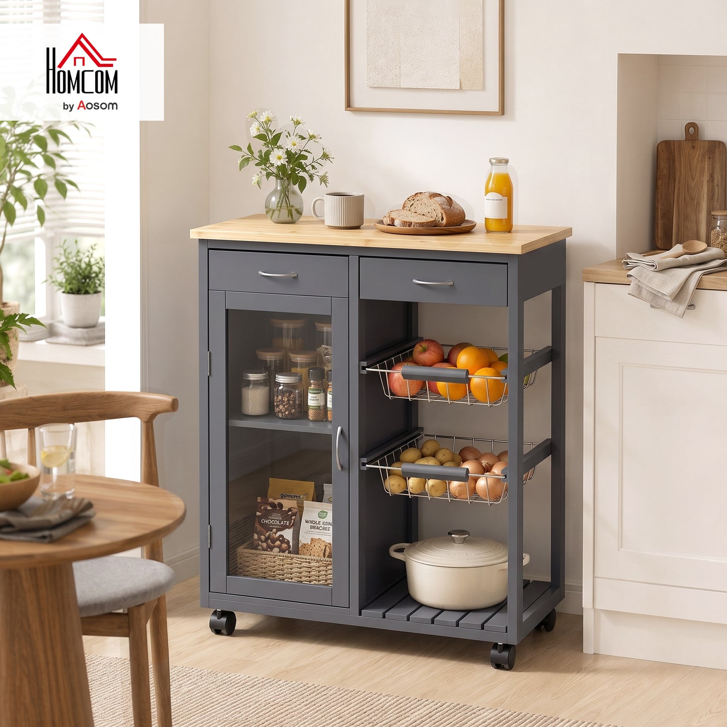 Bamboo Kitchen Island with Glass Door, 2 Metal Wire Baskets, Grey