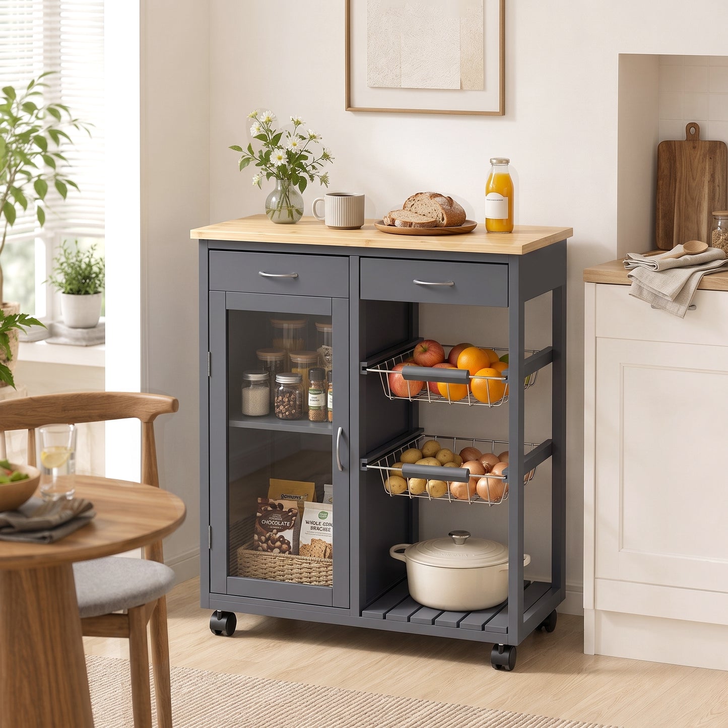 Bamboo Kitchen Island with Glass Door, 2 Metal Wire Baskets, Grey