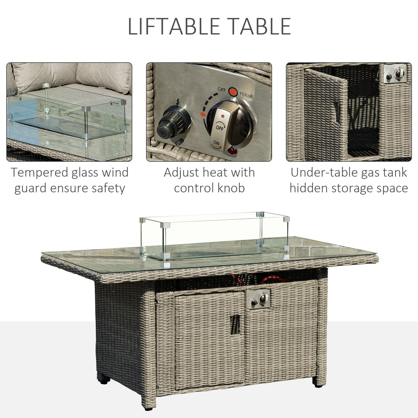 5 PCs Outdoor PE Rattan L-Shape Sofa Footstool Fire Pit Table Set