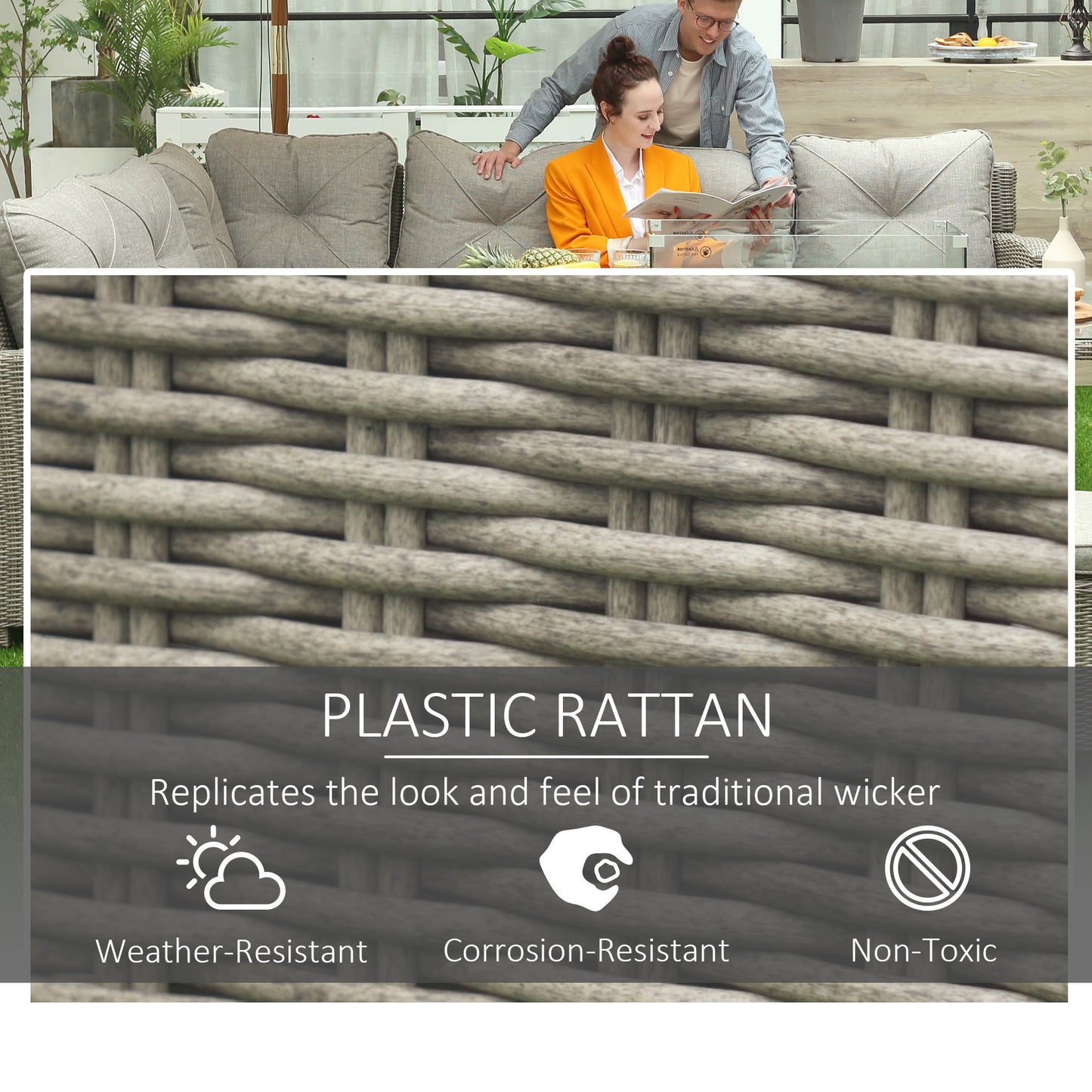 5 PCs Outdoor PE Rattan L-Shape Sofa Footstool Fire Pit Table Set