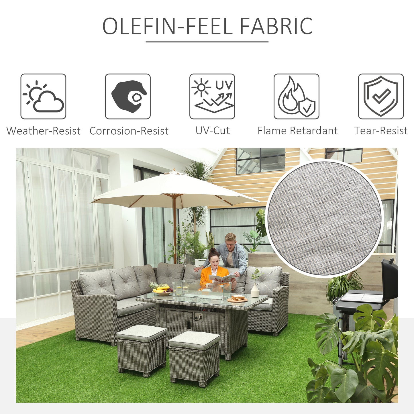 5 PCs Outdoor PE Rattan L-Shape Sofa Footstool Fire Pit Table Set