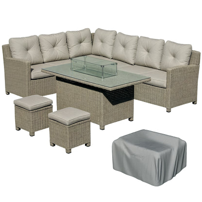 5 PCs Outdoor PE Rattan L-Shape Sofa Footstool Fire Pit Table Set