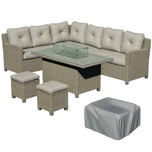 5 PCs Outdoor PE Rattan L-Shape Sofa Footstool Fire Pit Table Set