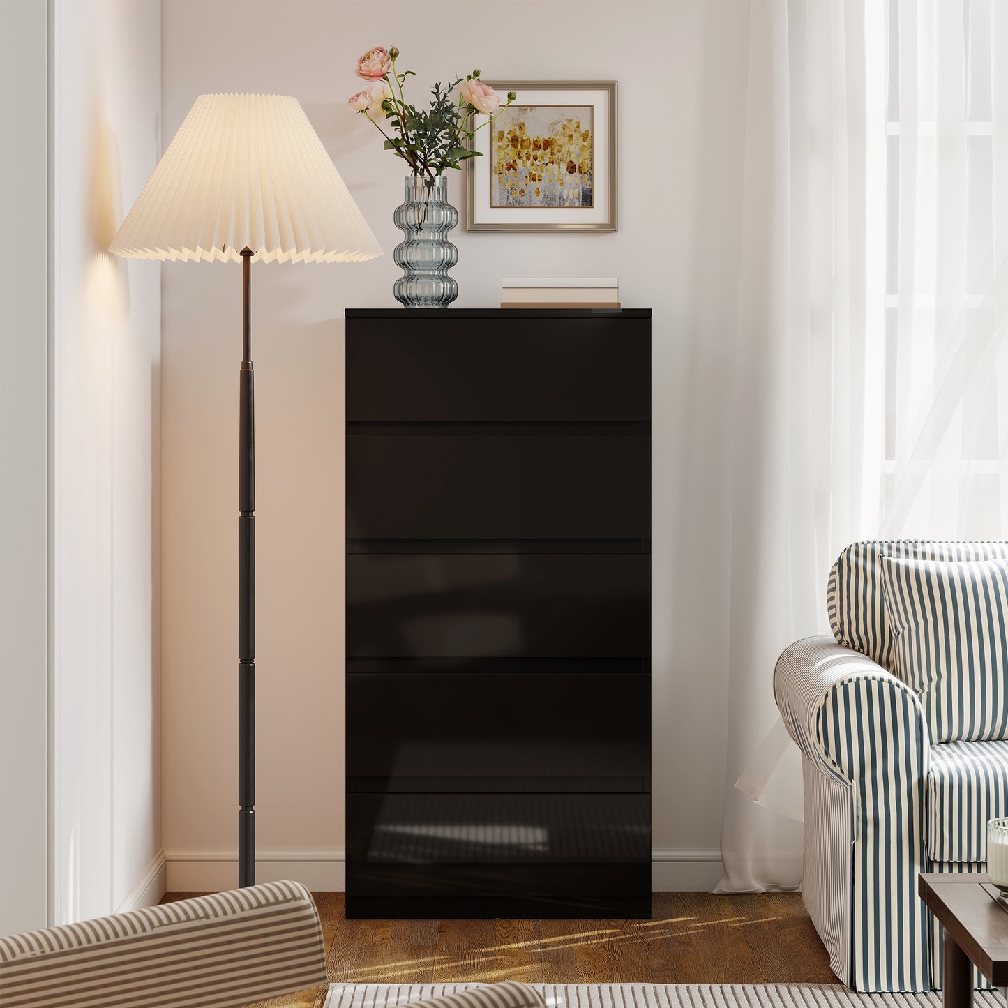 Bedroom Chest of Drawers, 5 Drawers Dresser, Drawer Unit, Black